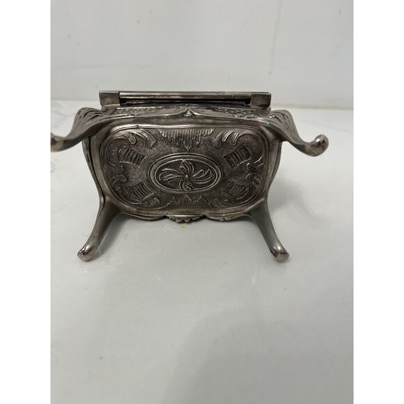 Vtg Jewelry Trinket Box Victorian Heavy Ornate Silver Tone Velvet Lined Hinged - Picture 5 of 5